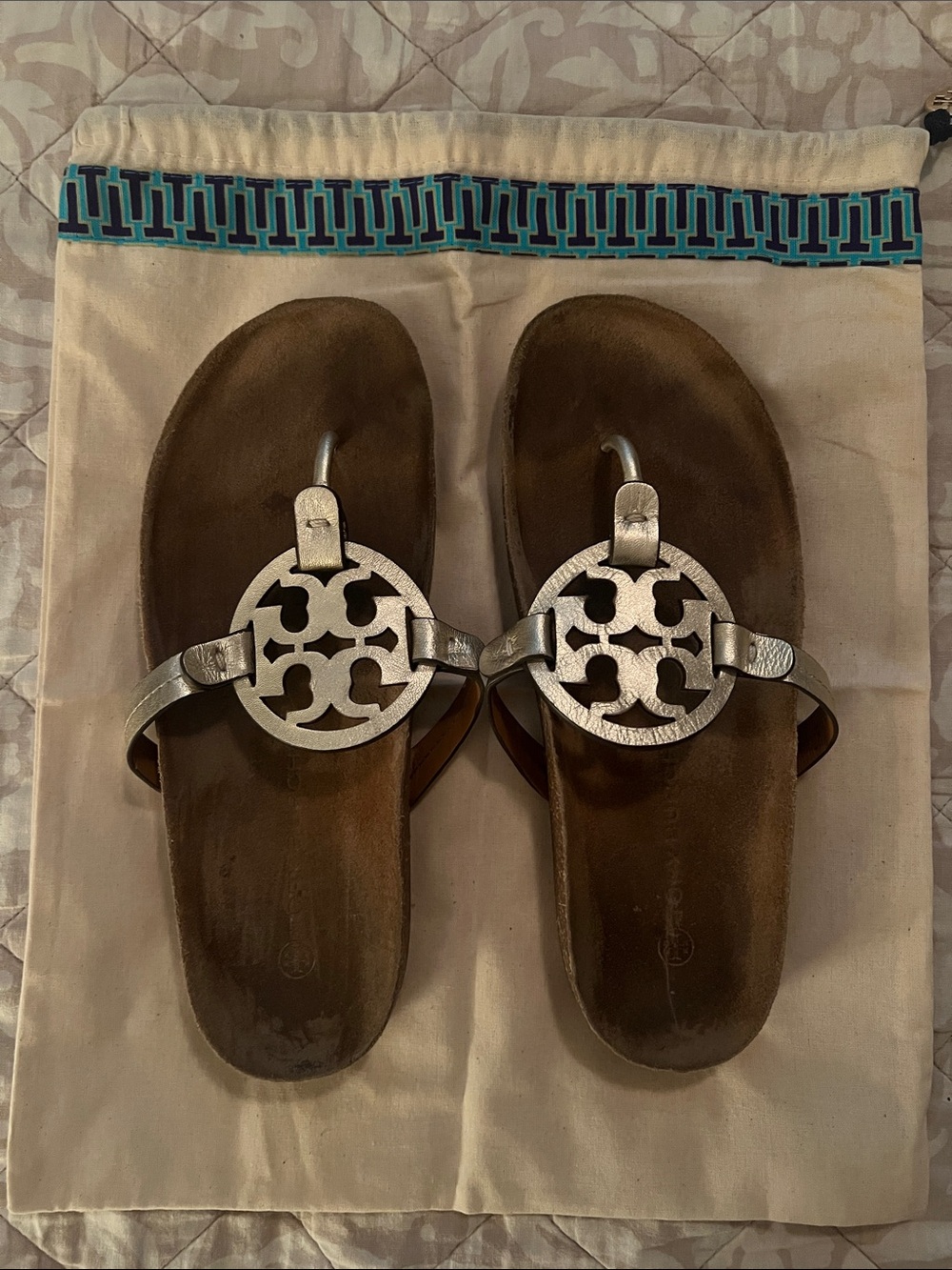 Tory Burch Brown Leather Sandals with Silver Logo Medallions